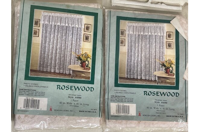 New Vintage White Lace Curtain Panels USA NOS  40" x 81" Rosewood Lot of 2