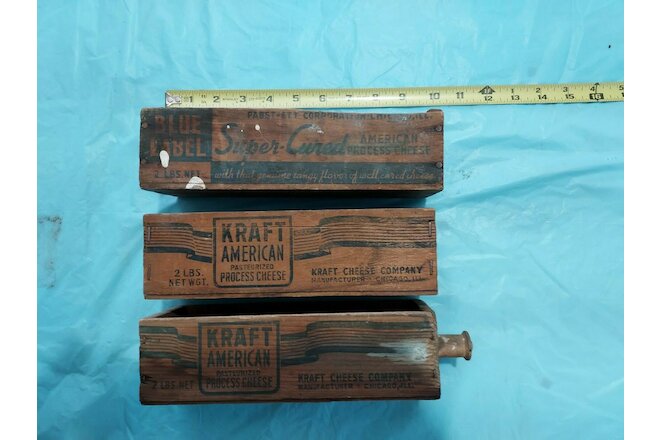 Vintage 1 Wooden Blue Label Crooks SD Cheese Box & 2 Kraft Process Cheese Boxes