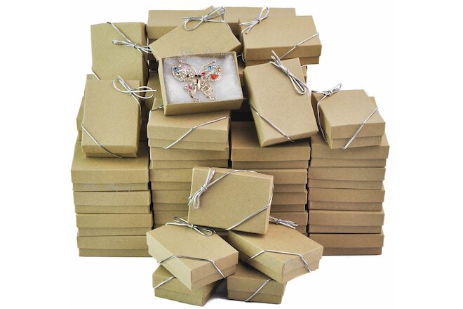 100pc Kraft Boxes Kraft Cotton Filled Jewelry Gift Boxes +FREE Bows 3 1/4 x2 1/4