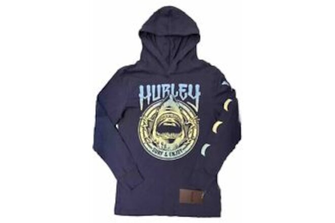 Hurley Boys Night Force Blue Shark Graphic LS Hoodie T-Shirt - Medium - NWT!