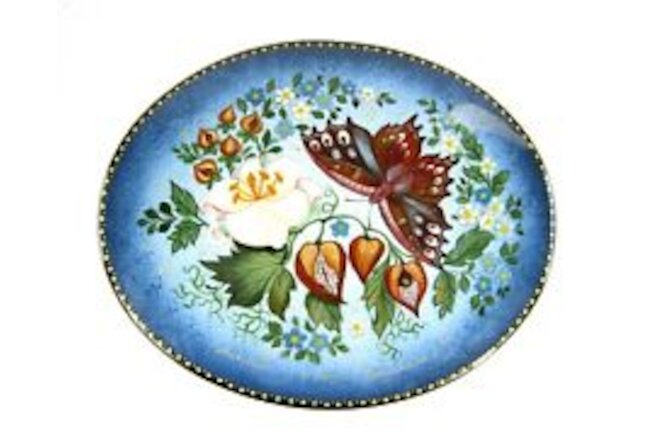 4" Russian Butterfly Palekh Kholui Oval Hinged Lacquer Box Hand Painted Signed