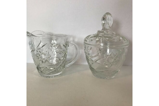 Vintage Pressed Glass Lidded Sugar and Creamer Set Star Pattern 3-1/2"