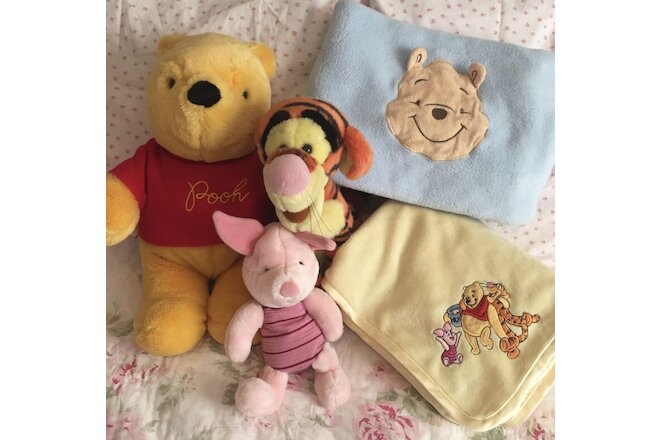 Lot 5 Vintage Winnie the Pooh Piglet Tigger Soft Baby Blankets + Plush Toys!