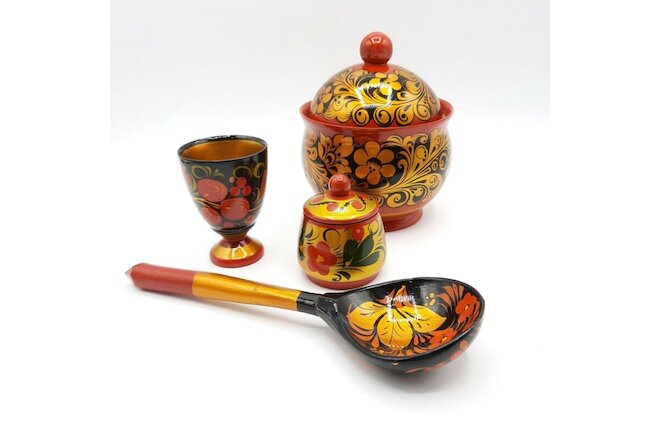 Lot of 4 Russian Wooden Hand Painted Laquerware Egg Cup Spoon 2 Covered Jars