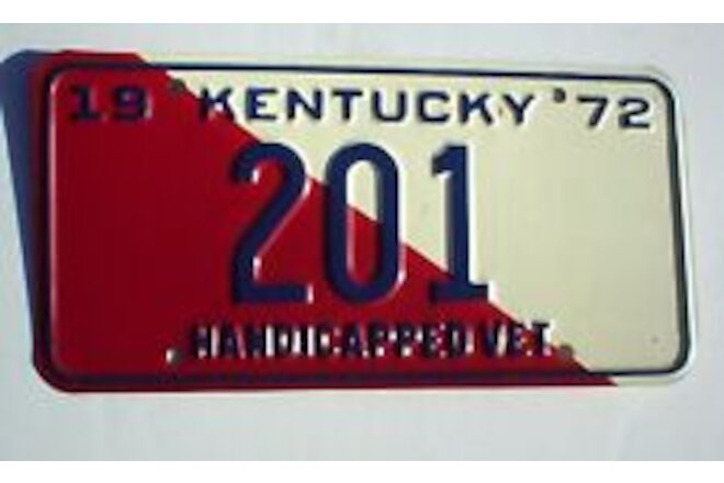 Old 1972 Kentucky Handicapped Veteran License Plate 201 Embossed Vintage