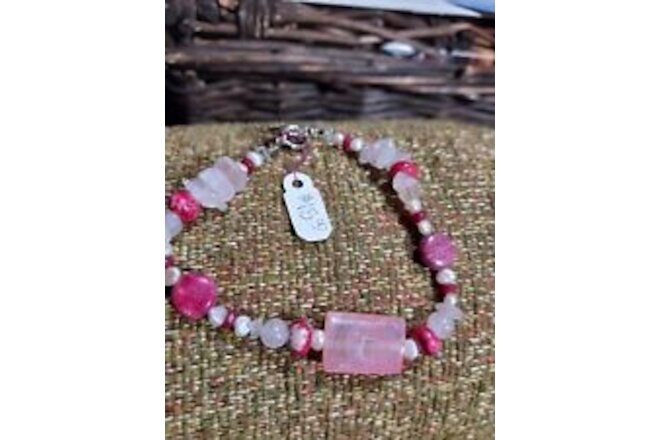 Artisan Pink Gemstone Jasper Pearl Rose Quartz Jade Bracelet 8"