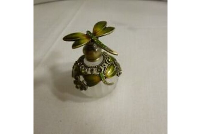 Frosted Glass Perfume Bottle w Green & Gold Metal DRAGONFLY / DAMSELFLY - NEW