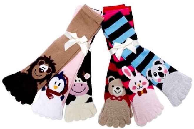 3 Pairs Fuzzy Animals Toe Socks Calf Length Funny Feet Striped #30701 Size 9-11