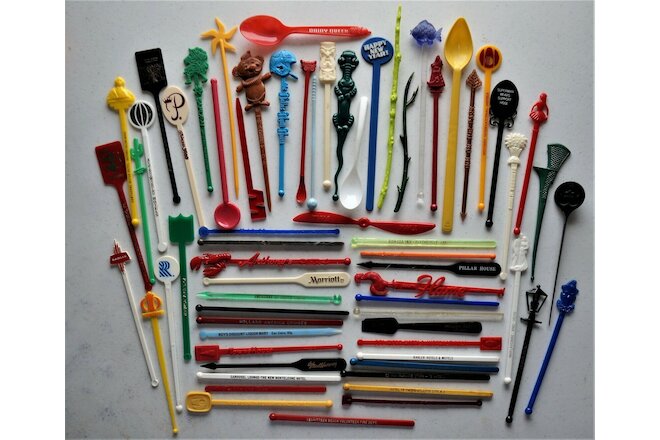 68 vintage Swizzle/Stir Sticks, all different & unique <25¢ each! Tiki Figurine!