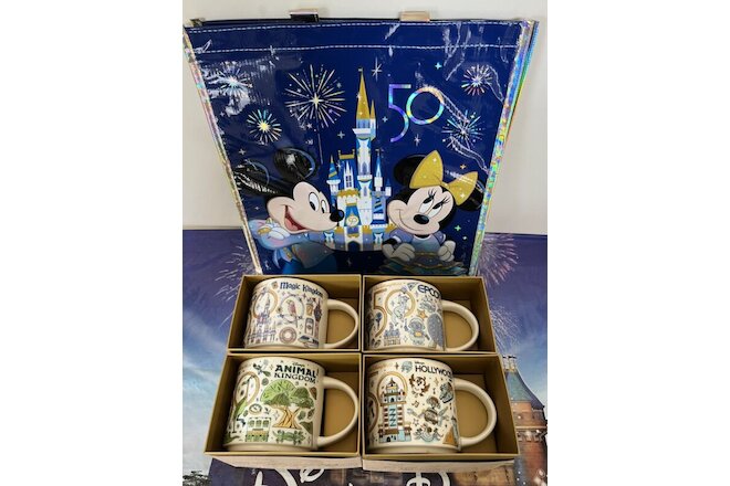 Disney 50th Starbucks Been There 14oz. Mugs Set of 4 FOUR PARKS NEW Free Tote!