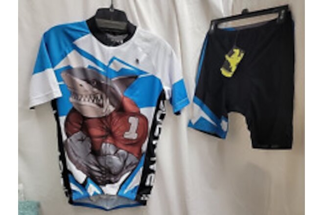 Mens Cycling Jersey/Shorts Set Cartoon Funny Shark Sz L