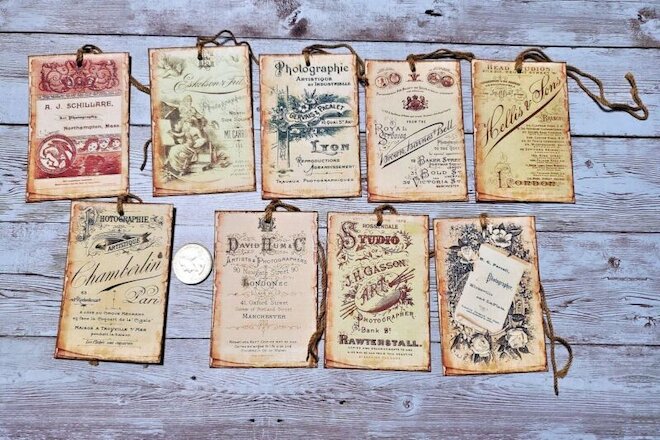 9~Vintage~Ephemera~Cabinet Cards~Junk Journal~Linen Cardstock~Gift~Hang~Tags