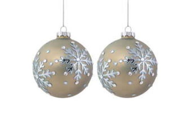 Set of 2 Matte Dusty Khaki Glittered Snowflakes Jeweled Glass Christmas Ball