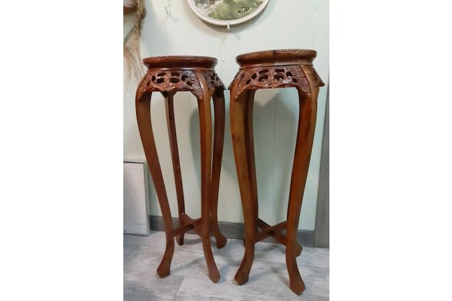 Pair of Carved wood Chinese Stand with Marble Insets burnt mustard wood ornate