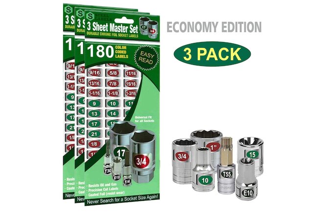 3 Pack Master Socket Label Set Economy Green Edition Easy Read Chrome Decal Tags