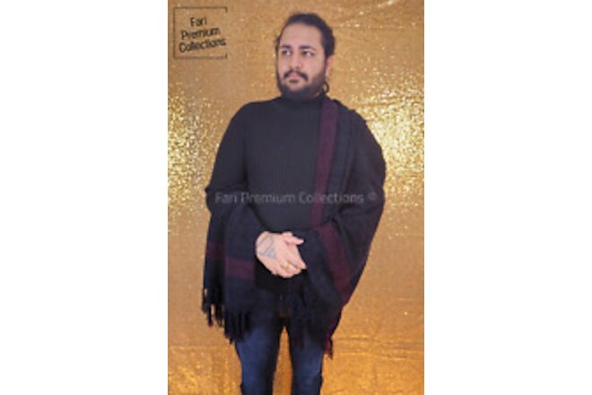 Soft Warm Wool Shawl Border Design Pakistani Kashmiri Wrap Scarf Unisex Black