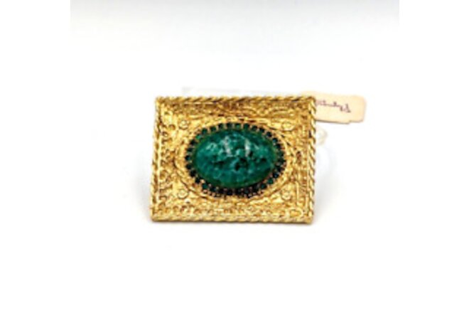 Vintage Green Art Glass Cabochon Rhinestones Gold Tone Brooch Pin Unmarked