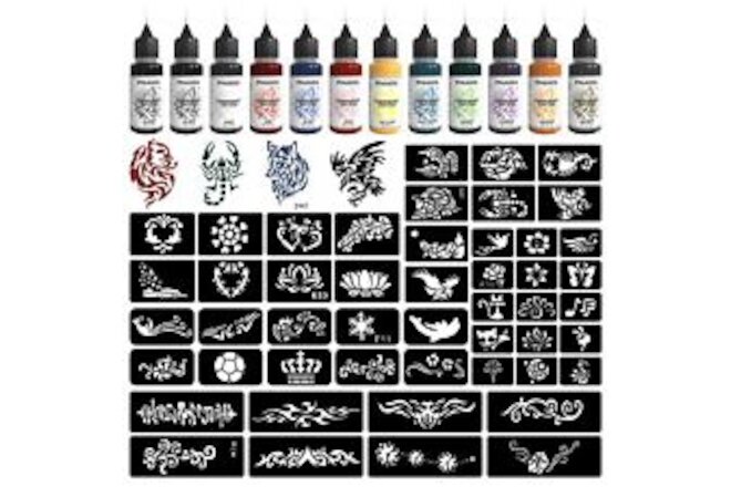 Temporary Tattoo Kit12 Bottles Color Temporary Tattoo Ink,49 Big Pcs Stencils...