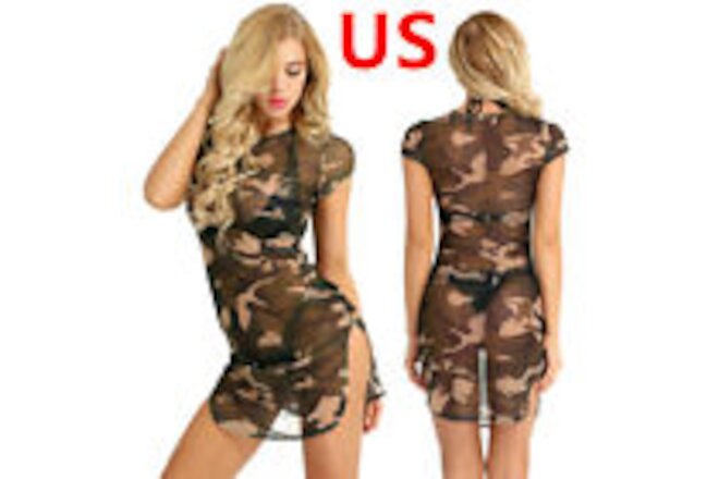 US Sexy Women Mesh Lingerie Camouflage Side Slit See Through Chemise Mini Dress