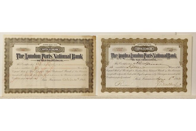 The Anglo London Paris National Bank Stock Certificate Set San Francisco 1908