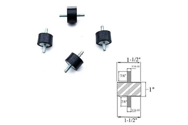 4 Rubber Vibration Isolator Mounts(1-1/2" Dia x 1" Thk) 5/16-18 x 7/8" Studs