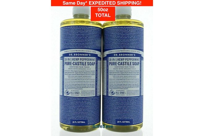 50 oz Dr. Bronner's Pure Castile Soap18-in-1 Peppermint 2 Packs Total 50 oz