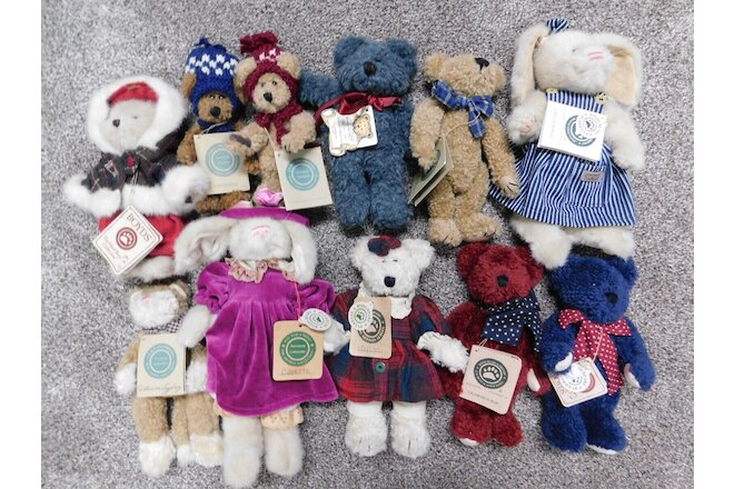 Boyds Plush Lot of 11 Bears/Bunnies/Cat Various Sizes All Have Hang Tags Fun Lot