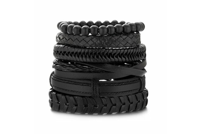 6pcs/set Multilayer Black Leather Bead Bracelet Men Women Wristband Bangle Gifts