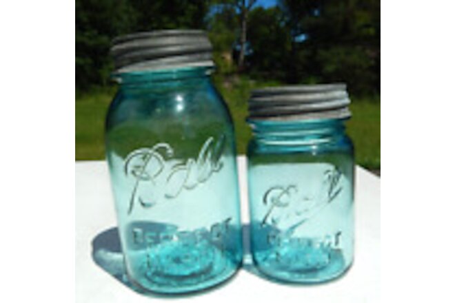2 Vintage Blue Ball Perfect Mason Glass Jars w/ Zinc Lids Quart & Pint