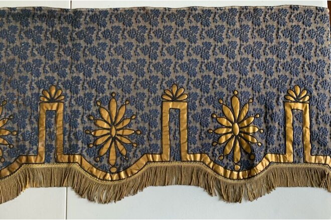 Two Antique Valance blue gold w/fringe 16 x 66 & 16 x 44 inches cotton