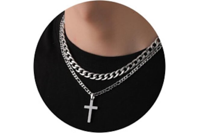Cross Necklace for Men Cross Chain Necklace Layered Cuban Figaro Chain Christian