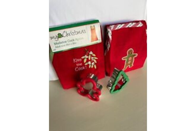 NEW Adult and child Mistletoe KISS THE COOK & COOKIE APRONS with cookie cutters