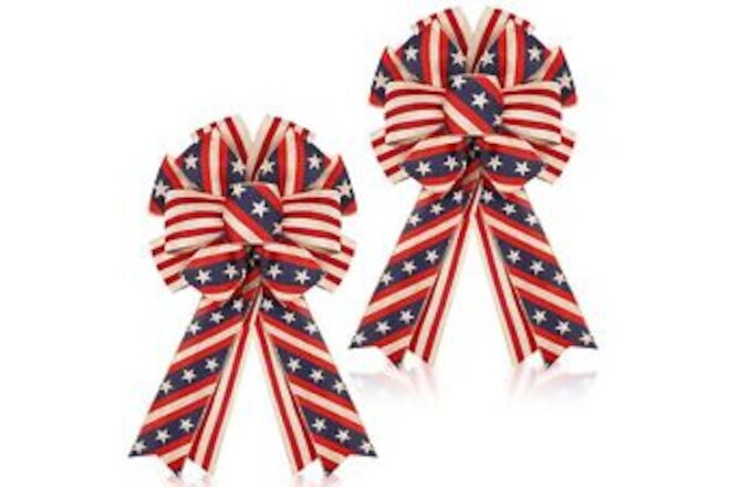 2 Pcs Memorial Day Bows 4th of July Bow Patriotic Wreath Burlap Bow Red White...