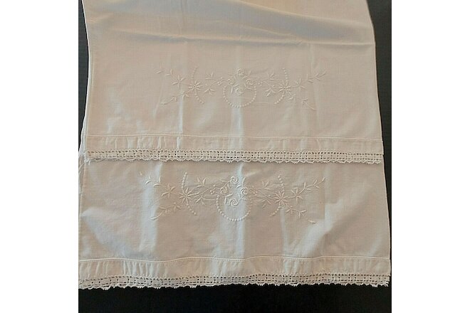Embroidery Lace Crochet Pillowcases 2 King White on White 36x20" Cotton VTG