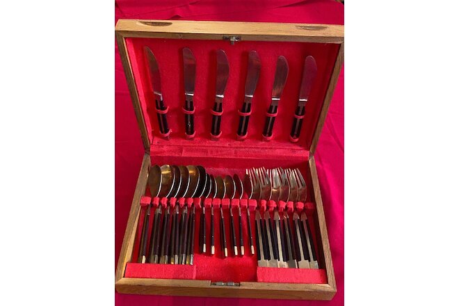Brass and Rosewood Flatware from Thailand.  24 piece set in wooden box  VINTAGE