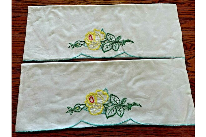 Vintage Pair Pillowcases One Yellow Rose, Cutwork & Turquoise Machine Edge EUC