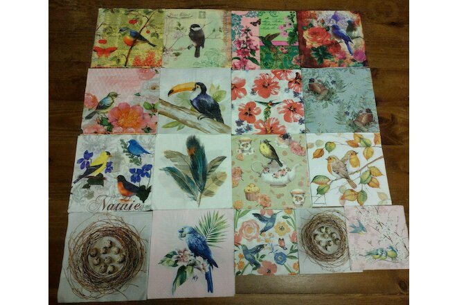17 VERY PRETTY FLORAL & BIRD PATTERNS ~ LOT SET MIXED Paper Napkins ~ Decoupage