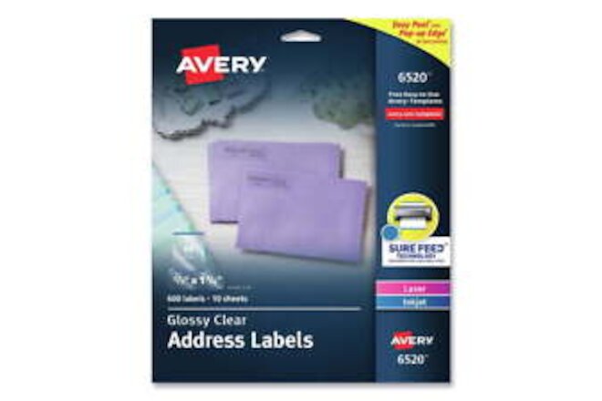 Glossy Clear Address Labels, Sure Feed Technology, Laser/Inkjet, 2/3" x 1-
