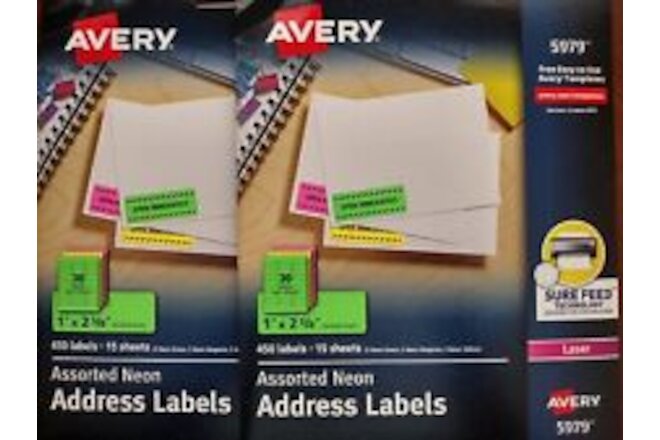 2-PKGS Avery 5979 Neon Laser Address Labels, 1 x 2 5/8"