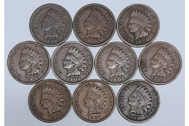 Ten Indian Pennies with Ten DIFFERENT Dates--ALL in Good Condition!