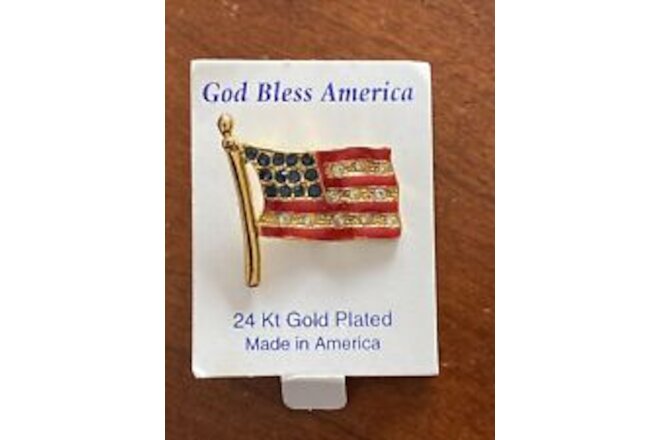 American Flag Tac Pin 24K GP Enamel Crystal Patriotic USA Made Gold Tone