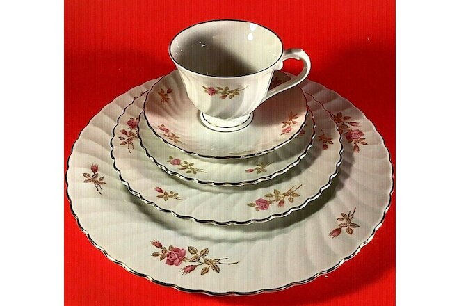 SYRACUSE CHINA COURTSHIP SILHOUETTE 5 PIECE PLACE SETTING PINK AND GOLD FLORAL