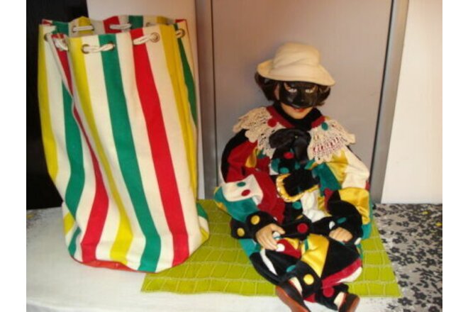 Vintage (1960s) 28" Porcelain-Ceramic Marionette Textile Doll / Beach Bag