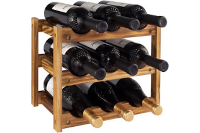 Wine Rack 9 Bottle 3-Tier Wood Wine Storage Easy-Assembly Space-Saving for Wine
