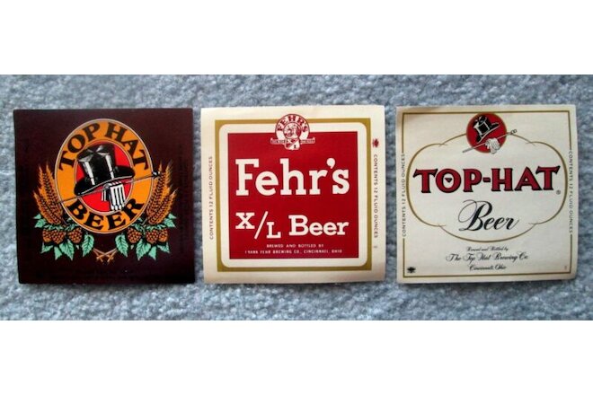 Cincinnati Beer Labels Top Hat & Fehr's XL Lot of 3 All Different NOS c