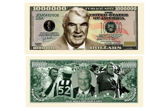 Pack of 25 John Madden Collectible Print 1 Million Dollar Bills Novelty