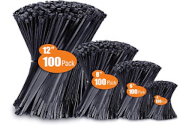 Zip Ties Assorted Sizes(4”+6”+8”+12”), 400 Pack, Black Cable Ties, UV Resistance