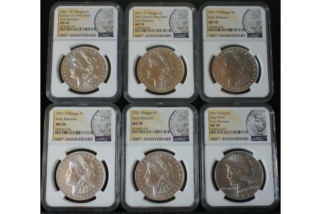 2021 6 Coin Silver Morgan/Peace Dollar 100th Anniv. Set NGC MS70 Early Releases