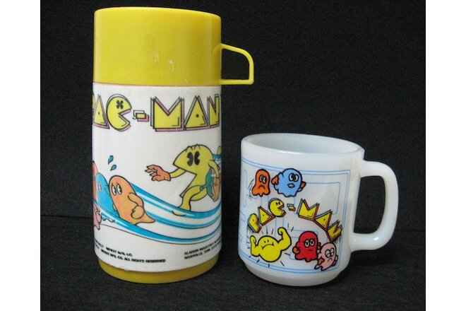 Lot 2 PACMAN Pac-Man milk glass MUG midway Thermos Aladdin