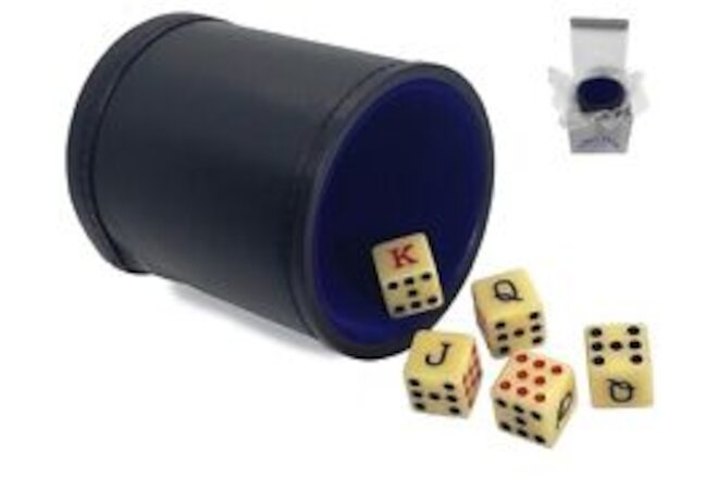 PU Leather Blue Felt Lined Dice Cup + Spanish Poker Dice Bone Tone (Gift Boxed)